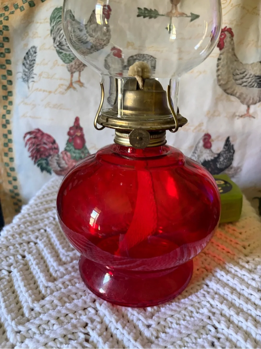 Holiday Red Glass Oil Lamp with Holly Design